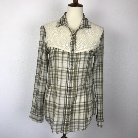 Free People Tops - 🍄Free People Plaid Lace Button Shirt Flaw